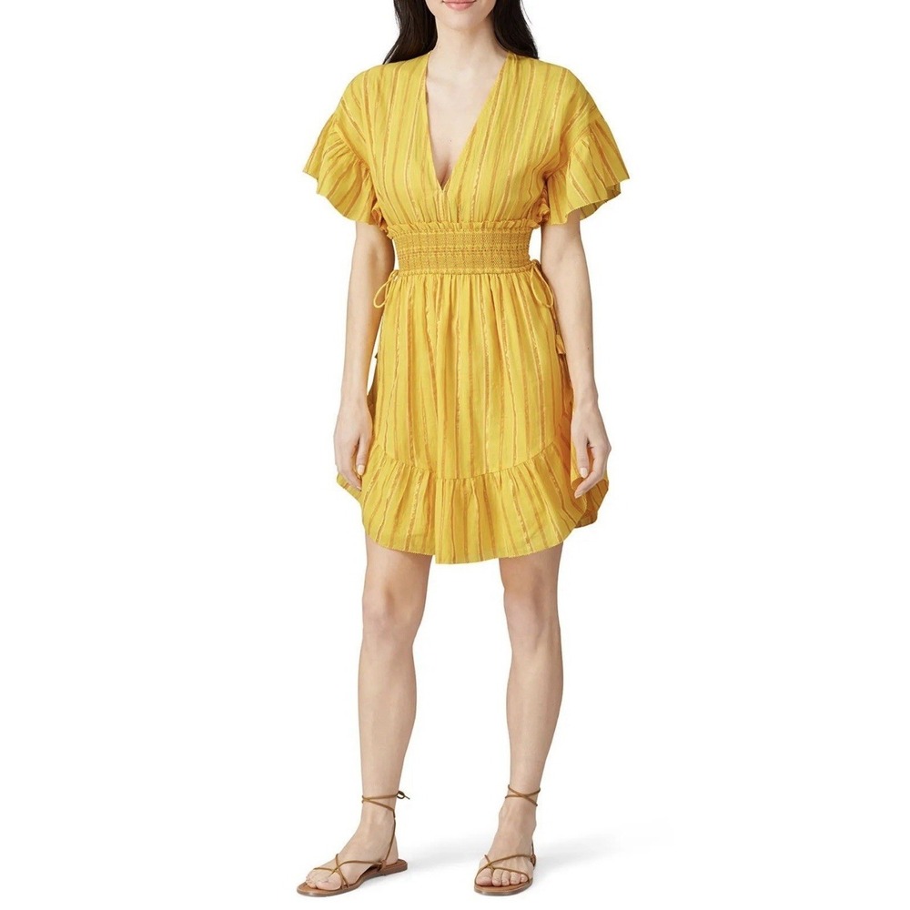Saylor Womens S Dress Cotton Yellow Gold Striped Boho Smocked Ruffle Mini Summer